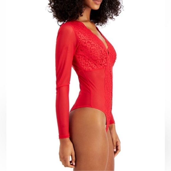 NWT INC International Concepts Long-Sleeve Lace Mesh Bodysuit Red - Picture 3 of 10